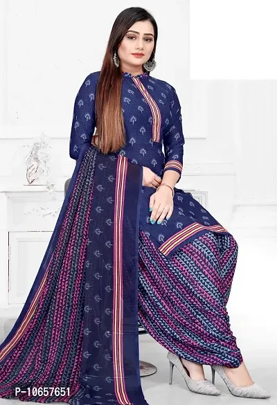 Elegant Blue Crepe Ethnic Print Dress Material with Dupatta For Women-thumb0