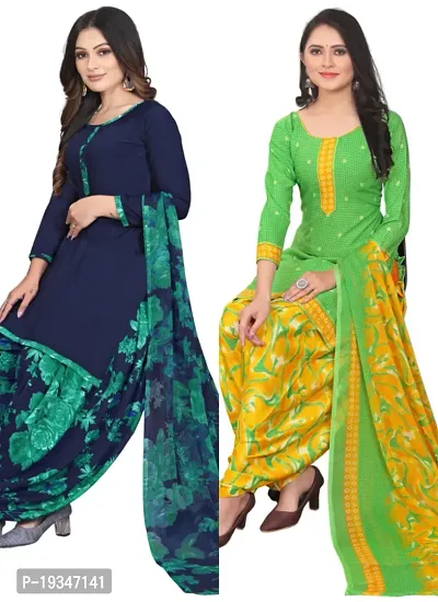 Blue  Green Crepe Printed Dress Material with Dupatta For Women (Combo pack of 2)