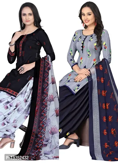 Navy Blue  Grey Crepe Printed Dress Material with Dupatta For Women (Combo pack of 2)-thumb0