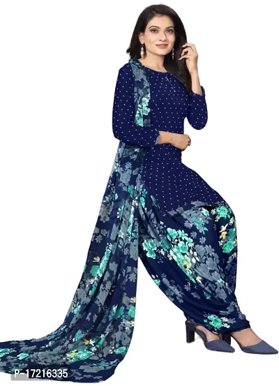 Elegant Navy Blue Crepe Printed Dress Material with Dupatta For Women-thumb0