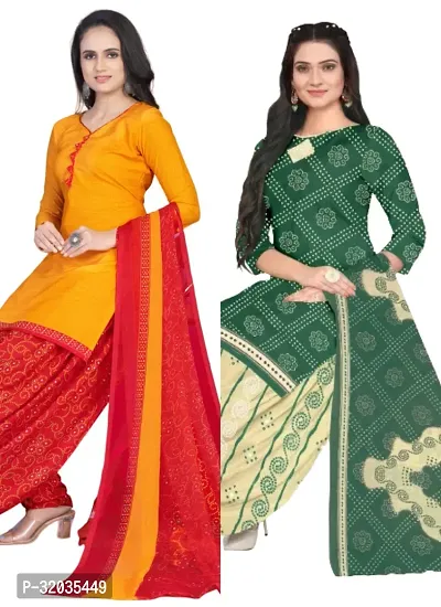 Elegant Multicoloured Cotton Printed Dress Material with Dupatta For Women (Combo Pack of 2)-thumb0