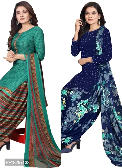 Turquoise  Navy Blue Crepe Printed Dress Material with Dupatta For Women (Combo pack of 2)-thumb0