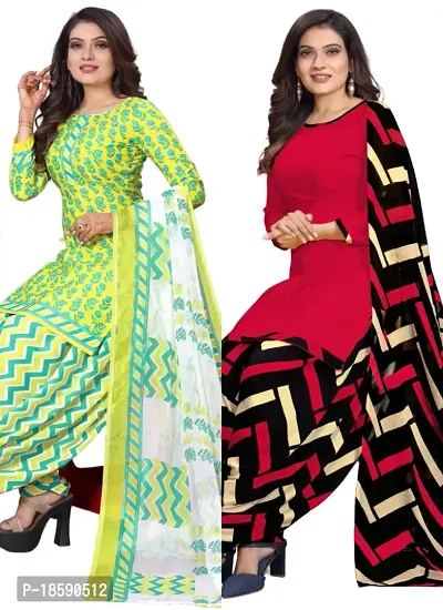 Yellow  Red Crepe Printed Dress Material with Dupatta For Women (Combo pack of 2)