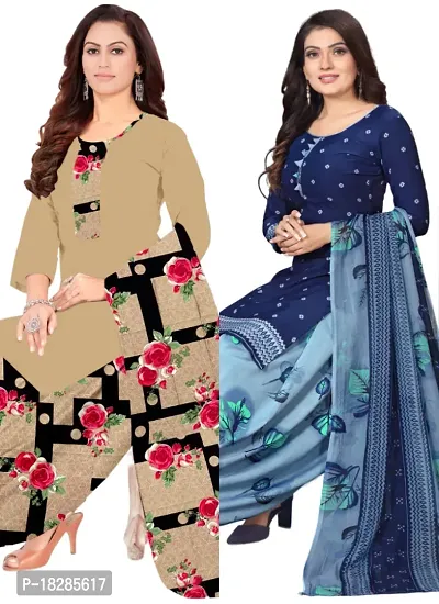 Beige  Blue Crepe Printed Dress Material with Dupatta For Women (Combo pack of 2)-thumb0