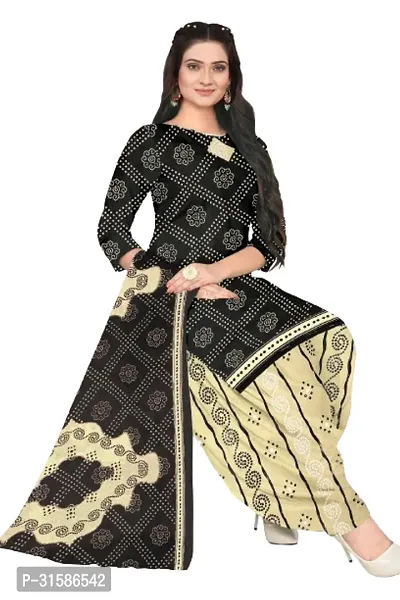 Elegant Black Cotton Blend Printed Dress Material with Dupatta For Women