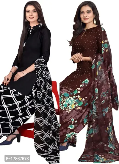 Black  Brown Crepe Printed Dress Material with Dupatta For Women (Combo pack of 2)-thumb0