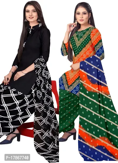 Black  Multicolor Crepe Printed Dress Material with Dupatta For Women (Combo pack of 2)-thumb0