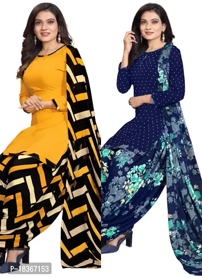 Yellow  Navy Blue Crepe Printed Dress Material with Dupatta For Women (Combo pack of 2)