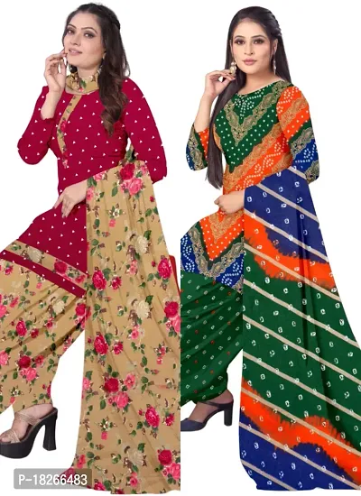 Red  Multicolor Crepe Printed Dress Material with Dupatta For Women (Combo pack of 2)-thumb0