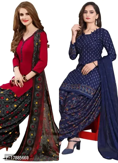 Red  Navy Blue Crepe Printed Dress Material with Dupatta For Women (Combo pack of 2)-thumb0