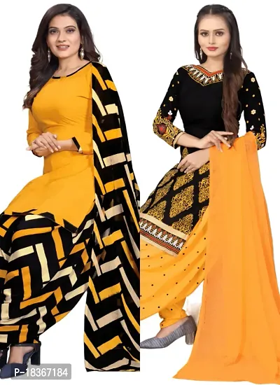 Yellow  Black Crepe Printed Dress Material with Dupatta For Women (Combo pack of 2)