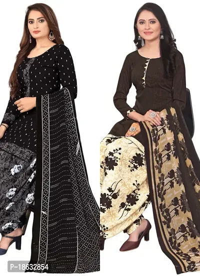 Black  Brown Crepe Printed Dress Material with Dupatta For Women (Combo pack of 2)