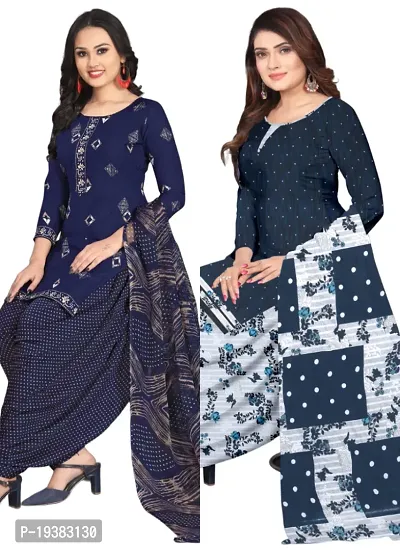 Navy Blue  Multicolor Crepe Printed Dress Material with Dupatta For Women (Combo pack of 2)