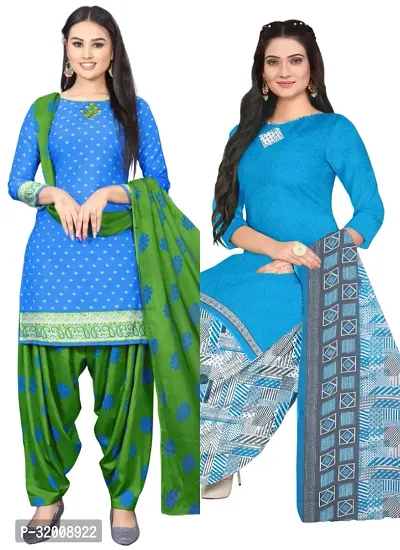 Elegant Multicoloured Cotton Printed Dress Material with Dupatta For Women (Combo Pack of 2)-thumb0