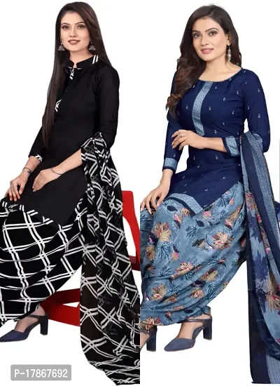 Black  Blue Crepe Printed Dress Material with Dupatta For Women (Combo pack of 2)