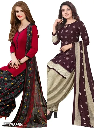 Red  Wine Crepe Printed Dress Material with Dupatta For Women (Combo pack of 2)-thumb0