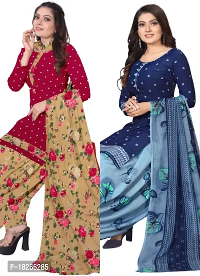 Red  Blue Crepe Printed Dress Material with Dupatta For Women (Combo pack of 2)