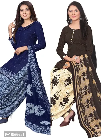 Navy Blue  Brown Crepe Printed Dress Material with Dupatta For Women (Combo pack of 2)