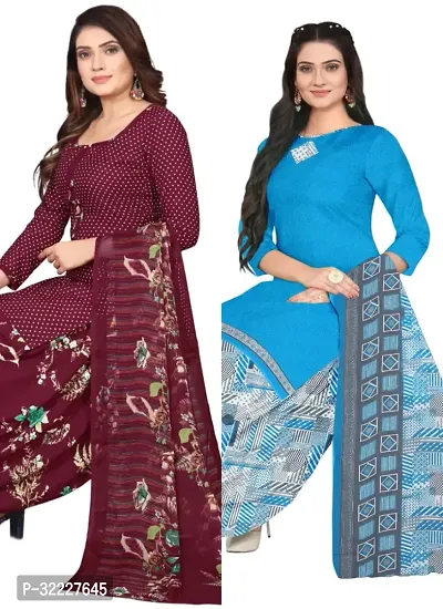 Elegant Multicoloured Cotton Printed Dress Material with Dupatta For Women (Combo Pack of 2)-thumb0