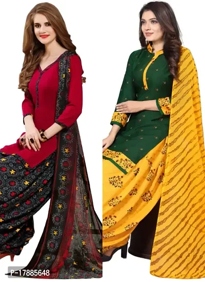 Red  Green Crepe Printed Dress Material with Dupatta For Women (Combo pack of 2)