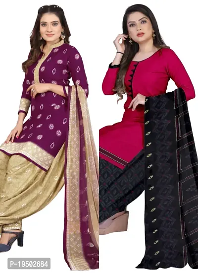 Purple  Pink Crepe Printed Dress Material with Dupatta For Women (Combo pack of 2)-thumb0