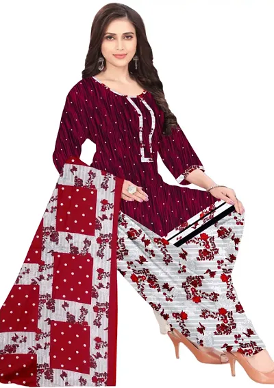 Trendy Cotton Blend Printed Dress Material With Dupatta Set