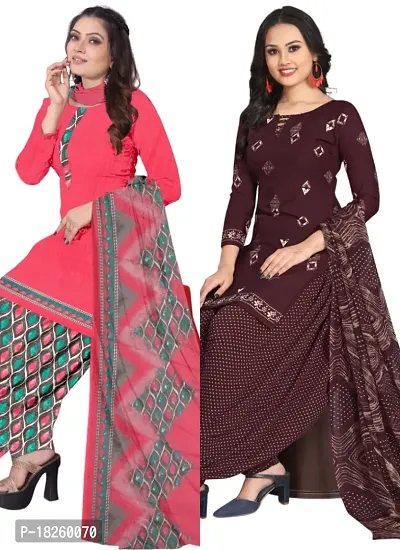 Pink  Wine Crepe Printed Dress Material with Dupatta For Women (Combo pack of 2)