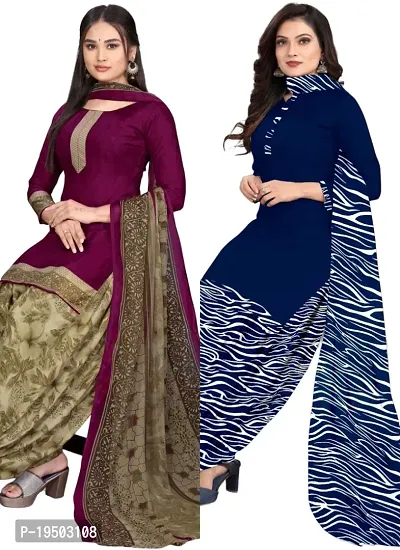 Wine  Navy Blue Crepe Printed Dress Material with Dupatta For Women (Combo pack of 2)