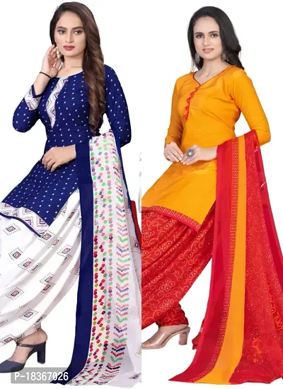 Navy Blue  Yellow Crepe Printed Dress Material with Dupatta For Women (Combo pack of 2)-thumb0