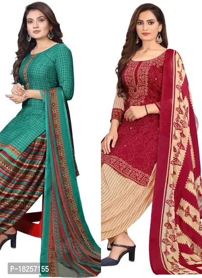 Turquoise  Red Crepe Printed Dress Material with Dupatta For Women (Combo pack of 2)