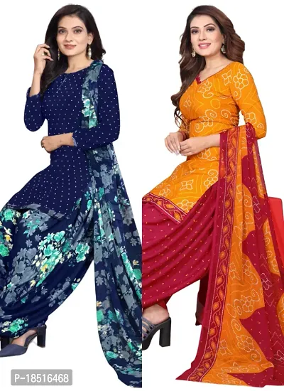 Navy Blue  Orange Crepe Printed Dress Material with Dupatta For Women (Combo pack of 2)