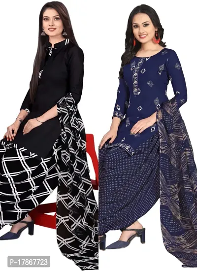 Black  Navy Blue Crepe Printed Dress Material with Dupatta For Women (Combo pack of 2)-thumb0