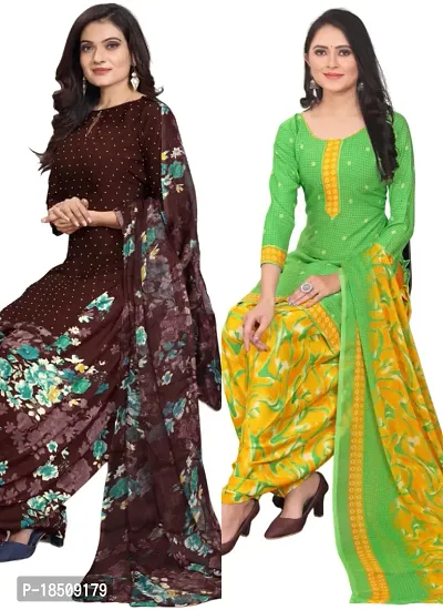 Brown  Green Crepe Printed Dress Material with Dupatta For Women (Combo pack of 2)