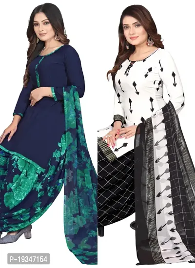 Blue  White Crepe Printed Dress Material with Dupatta For Women (Combo pack of 2)