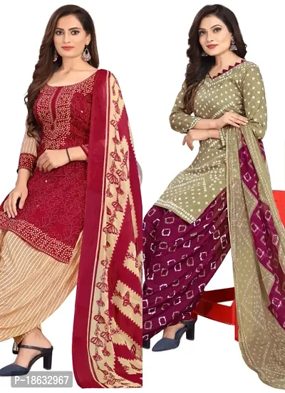 Red  Multicolor Crepe Printed Dress Material with Dupatta For Women (Combo pack of 2)-thumb0