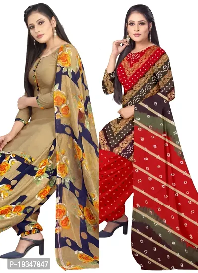 Beige  Multicolor Crepe Printed Dress Material with Dupatta For Women (Combo pack of 2)-thumb0