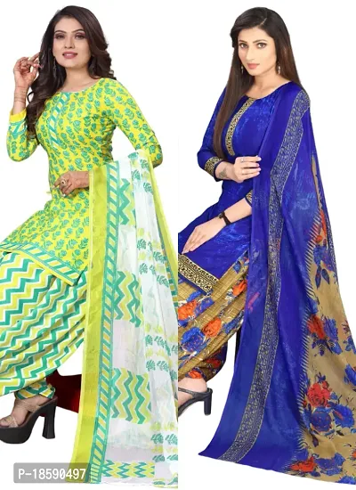 Yellow  Navy Blue Crepe Printed Dress Material with Dupatta For Women (Combo pack of 2)