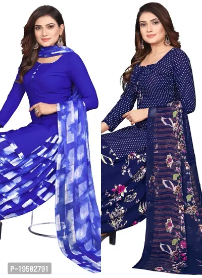 Blue  Navy Blue Crepe Printed Dress Material with Dupatta For Women (Combo pack of 2)