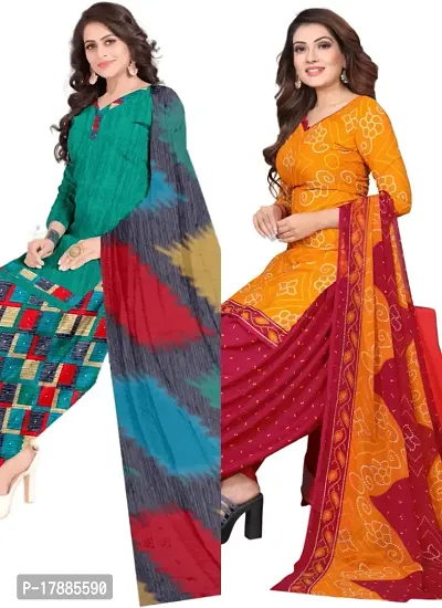 Turquoise  Orange Crepe Printed Dress Material with Dupatta For Women (Combo pack of 2)