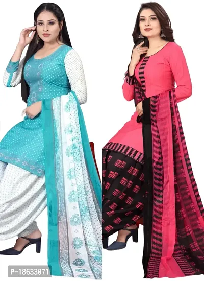 Sea Green  Pink Crepe Printed Dress Material with Dupatta For Women (Combo pack of 2)