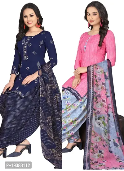 Navy Blue  Pink Crepe Printed Dress Material with Dupatta For Women (Combo pack of 2)-thumb0