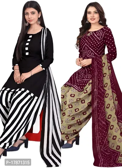 Black  Maroon Crepe Printed Dress Material with Dupatta For Women (Combo pack of 2)-thumb0