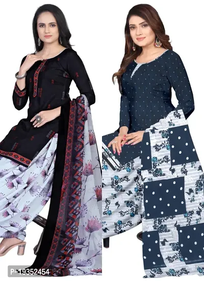 Navy Blue  Multicolor Crepe Printed Dress Material with Dupatta For Women (Combo pack of 2)