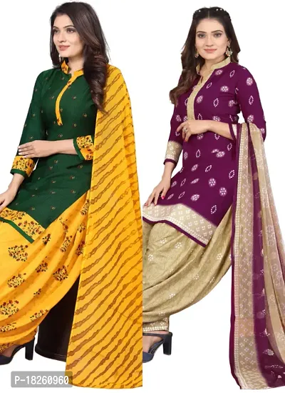 Green  Purple Crepe Printed Dress Material with Dupatta For Women (Combo pack of 2)