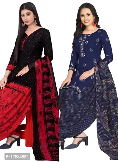 Black  Navy Blue Crepe Printed Dress Material with Dupatta For Women (Combo pack of 2)