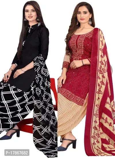 Black  Red Crepe Printed Dress Material with Dupatta For Women (Combo pack of 2)