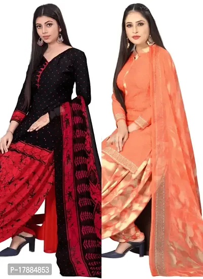 Black  Orange Crepe Printed Dress Material with Dupatta For Women (Combo pack of 2)