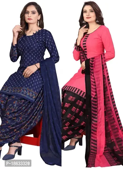 Navy Blue  Pink Crepe Printed Dress Material with Dupatta For Women (Combo pack of 2)-thumb0