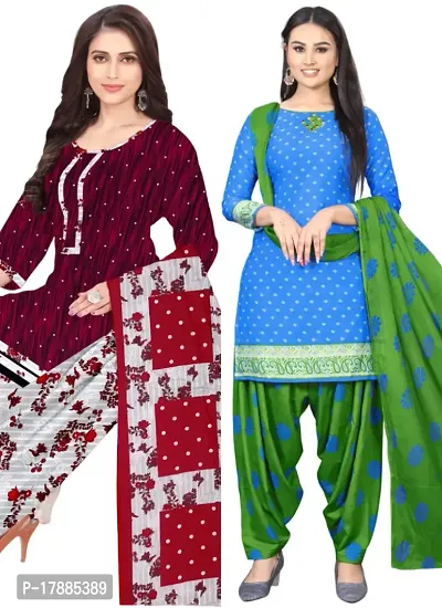 Maroon  Blue Crepe Printed Dress Material with Dupatta For Women (Combo pack of 2)