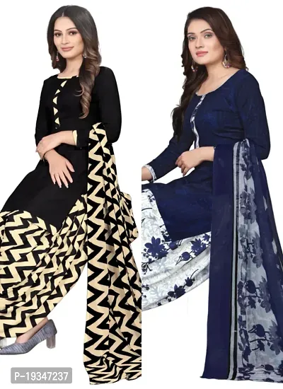 Black  Navy Blue Crepe Printed Dress Material with Dupatta For Women (Combo pack of 2)-thumb0